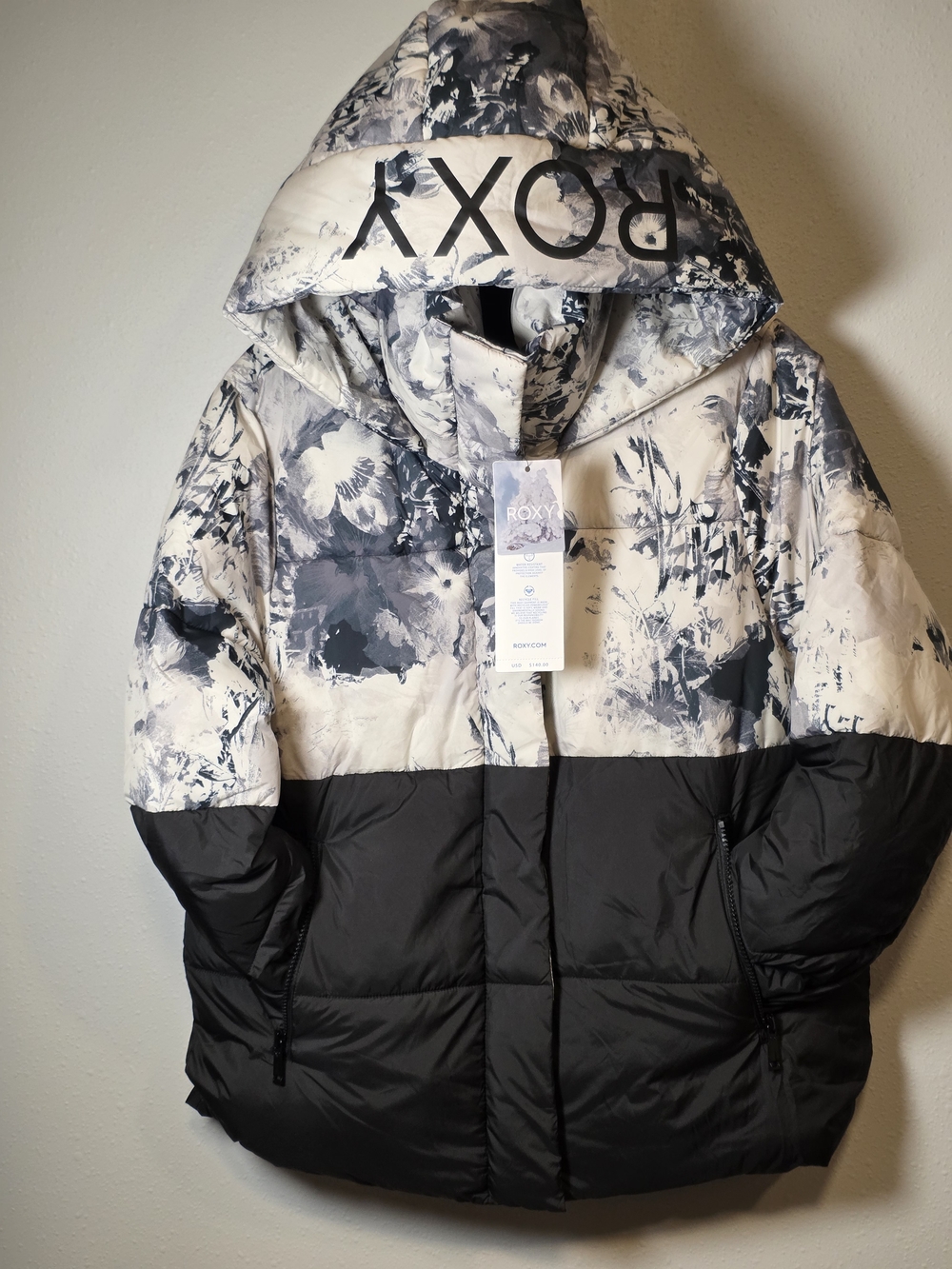 Roxy Two-Tone Floral Hooded Puffer Jacket in White and Black